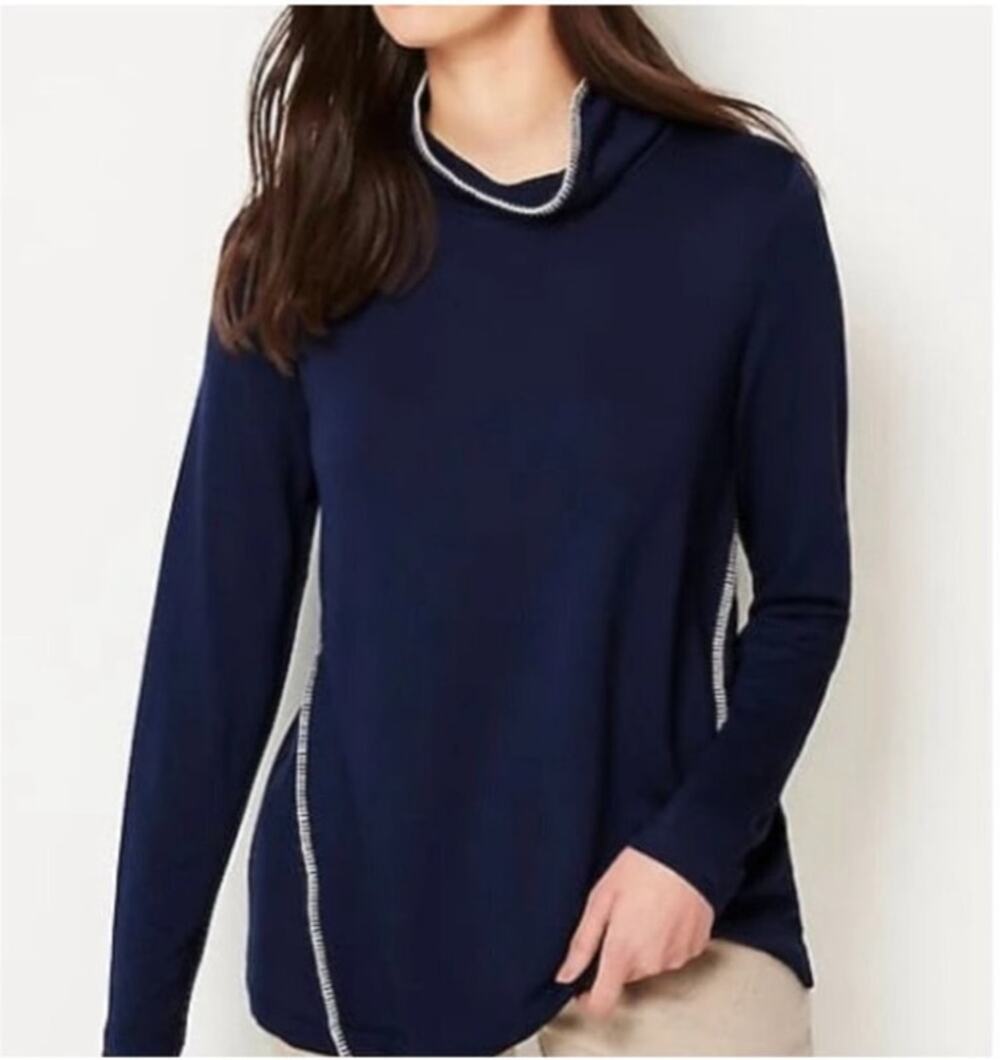 J Jill Pure Jill Tranquility Fleece Whipstitched Mock Neck Navy Blue Top XL